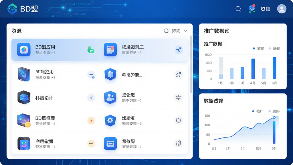 BD盟应用主界面预览图,展示资源列表与推广数据面板,布局清晰,采用蓝色科技风格,图标精致,界面整洁,画质高清,干净无多余元素