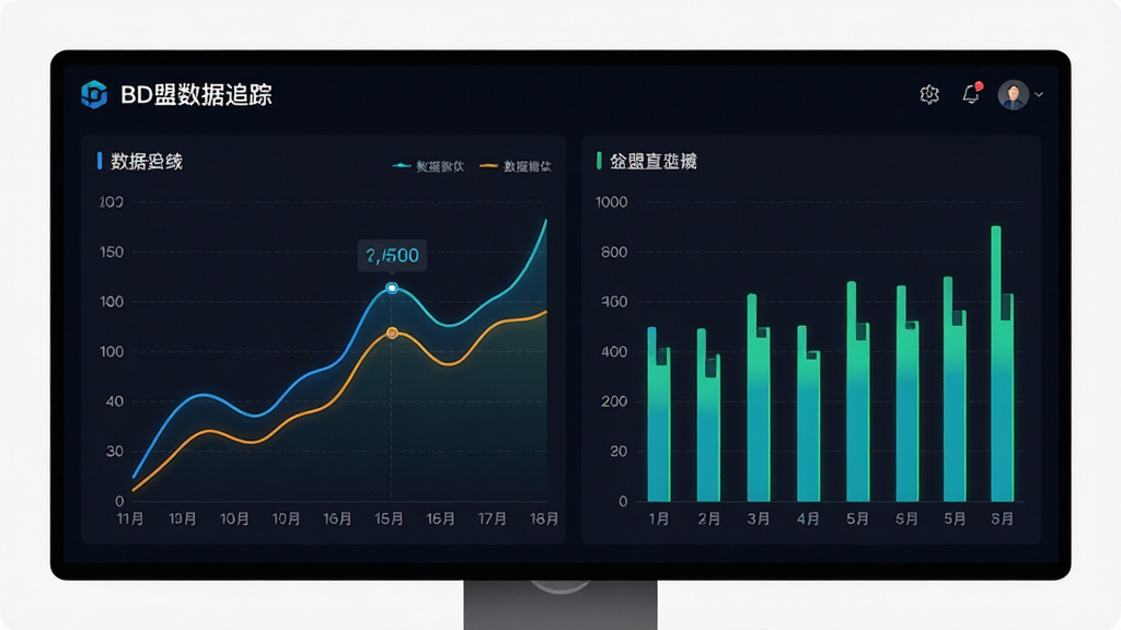 BD盟数据追踪面板,展示折线图与柱状图,数据清晰可见,界面专业,深色背景搭配亮色数据,画质高清,干净无多余元素