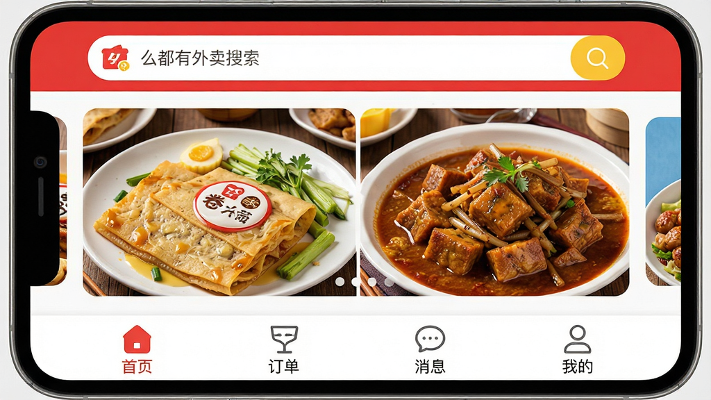 一张展示“么都有外卖”App主界面的高清截图,界面包含顶部搜索栏、中部轮播图展示山东美食如煎饼卷大葱、九转大肠,底部导航栏设有首页、订单、消息、我的四个选项卡,整体风格简洁明亮,以红色和黄色为主色调,图标圆润,食物图片诱人,画质清晰,干净无多余元素