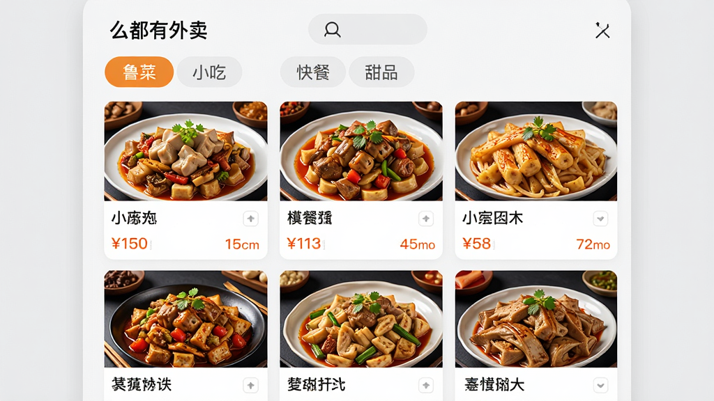 一张展示“么都有外卖”App美食列表页的界面设计图,页面以网格形式展示各类山东美食,每道菜品配有高清实物图、名称、价格和销量,顶部设有“鲁菜”、“小吃”、“快餐”、“甜品”等分类标签,界面干净整洁,食物色泽诱人,背景为浅灰色,整体风格现代且信息清晰,画质高清