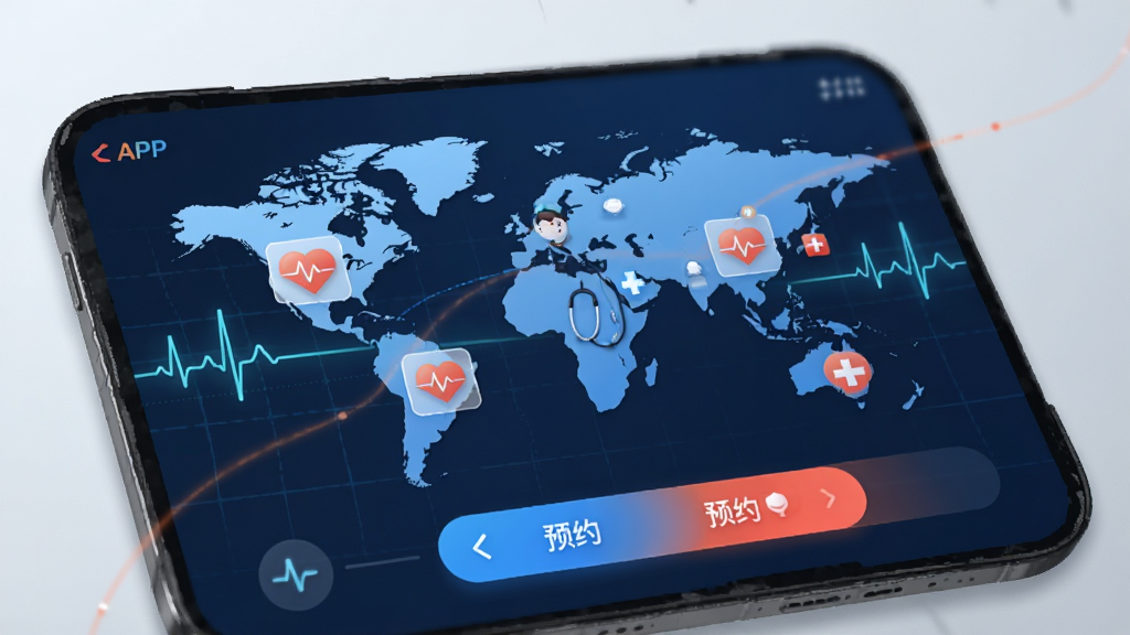 缦缦APP全球医疗健康服务界面,主体为世界地图与医疗图标结合的动态界面,布局采用手机界面与医疗元素融合,排版专业清晰,风格为科技感与人文关怀结合,细节包括心电图线条、医生形象、预约按钮,画质干净明亮,无多余元素