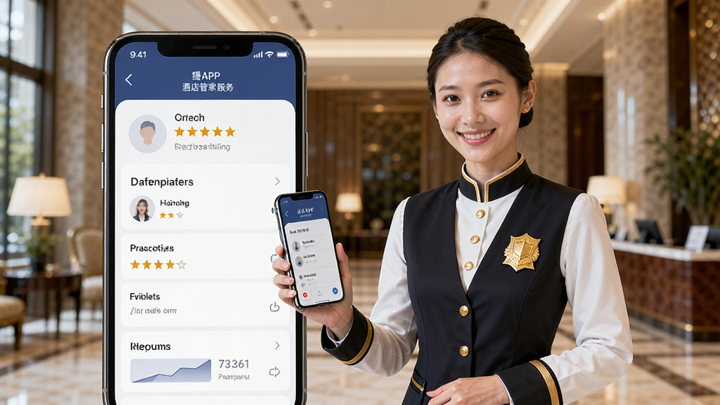 缦缦APP酒店管家服务界面,主体为一名穿着优雅制服的管家正在智能手机前微笑服务,布局采用手机界面与管家半身像结合的构图,排版清晰直观,风格为现代商务与温馨服务结合,细节包括酒店大堂背景、金质徽章、用户评价星级图标,画质明亮干净,无多余元素