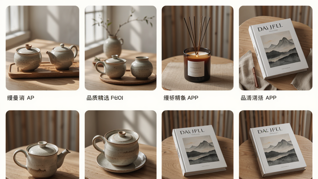 缦缦APP品质生活精选页面,主体为一系列精致生活单品如陶瓷茶具、香薰蜡烛、艺术画册排列展示,布局采用手机界面网格排列,排版简约,风格为北欧极简与东方禅意结合,细节包括柔和自然光、原木背景、产品标签,画质细腻干净,无多余元素