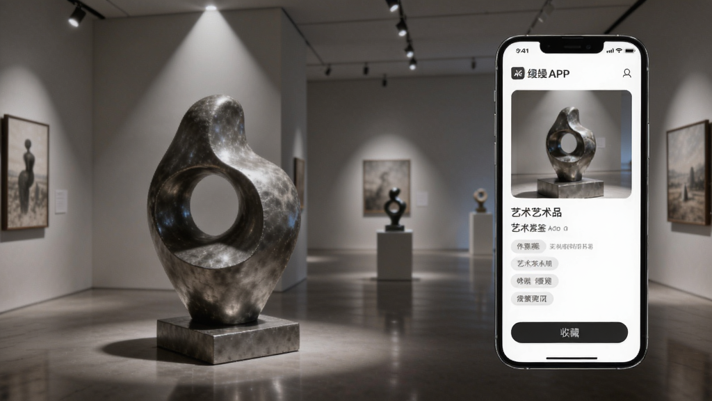 缦缦APP艺术品鉴页面,主体为一件现代雕塑与手机界面展示的艺术品详情,布局采用手机界面与艺术馆场景结合,排版雅致,风格为艺术馆氛围与科技融合,细节包括灯光投射、作品标签、收藏按钮,画质细腻干净,无多余元素