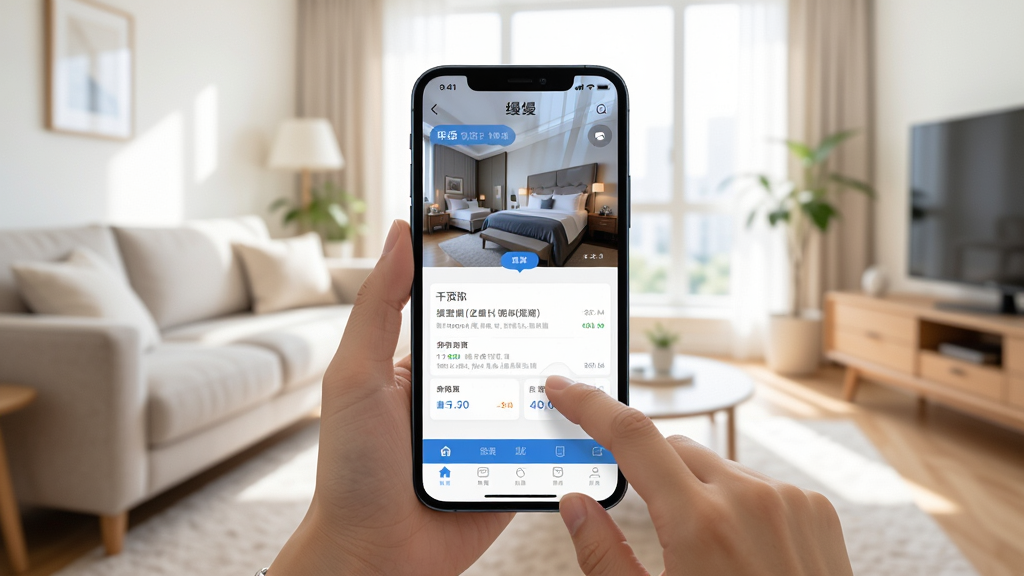 用户正在手机上操作缦缦APP,界面显示酒店预订服务,背景为明亮客厅,构图以手机为焦点,布局居中,风格写实,细节包括手指点击、屏幕反光,画质清晰干净,无多余元素