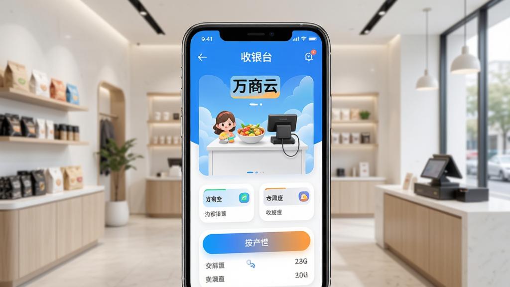 万商云APP主界面展示,手机屏幕中显示收银台功能模块,背景为现代简约商铺环境,布局清晰,色彩明亮,风格写实,细节丰富,画质高清干净,无多余元素