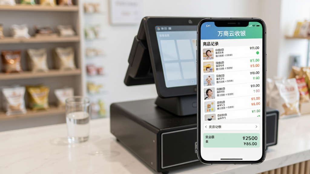 万商云收银操作演示,手机显示收款二维码和交易记录,背景为店铺收银台,布局直观,风格实用,细节包括商品列表和金额,画质干净无多余元素