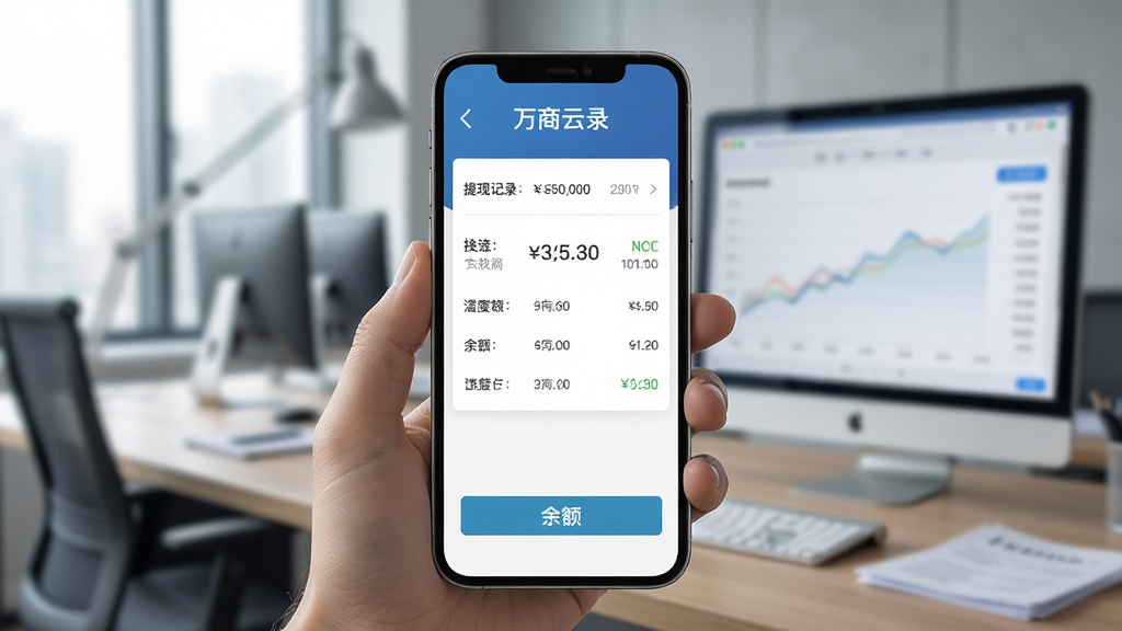 万商云提现成功界面,手机屏幕显示提现记录和余额,背景为财务办公场景,布局清晰,风格严谨,细节包括金额和时间,画质高清干净