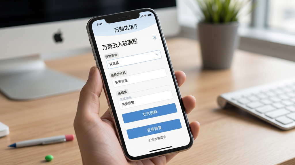 万商云入驻流程界面,手机展示资料填写页面,背景为办公桌面,布局简洁,排版清晰,风格商务,细节包括表单和按钮,画质干净无多余元素
