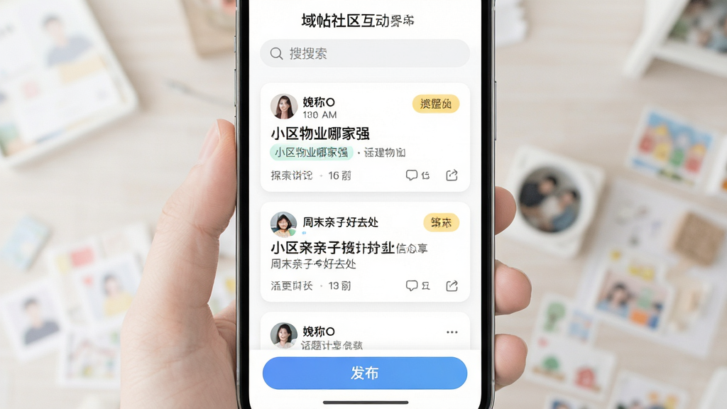 主体:域帖社区互动界面,显示话题讨论列表,包含“小区物业哪家强”、“周末亲子好去处”等话题卡片。布局:手机界面居中,顶部为搜索栏,下方为信息流卡片,底部有发布按钮。排版:卡片式布局,间距舒适。风格:清新简洁,白色背景搭配彩色标签。细节:每张卡片显示用户头像、昵称、话题内容与互动数据。画质:细腻柔和,无多余元素。