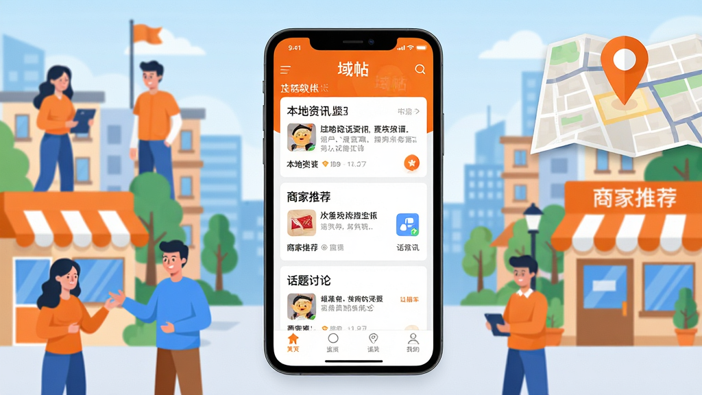 主体:域帖软件的品牌形象展示界面,手机屏幕中显示“域帖”App主界面,背景为城市社区生活场景。布局:手机居中,屏幕内清晰展示本地资讯、商家推荐、话题讨论等模块,周围环绕居民互动、商家店铺、地图定位等元素。排版:简洁明了,信息层级分明。风格:现代扁平化设计,色彩明快,橙色与蓝色为主色调。细节:界面文字包含“域帖”名称及功能图标,画面干净无多余元素。画质:高清渲染,富有生活气息。