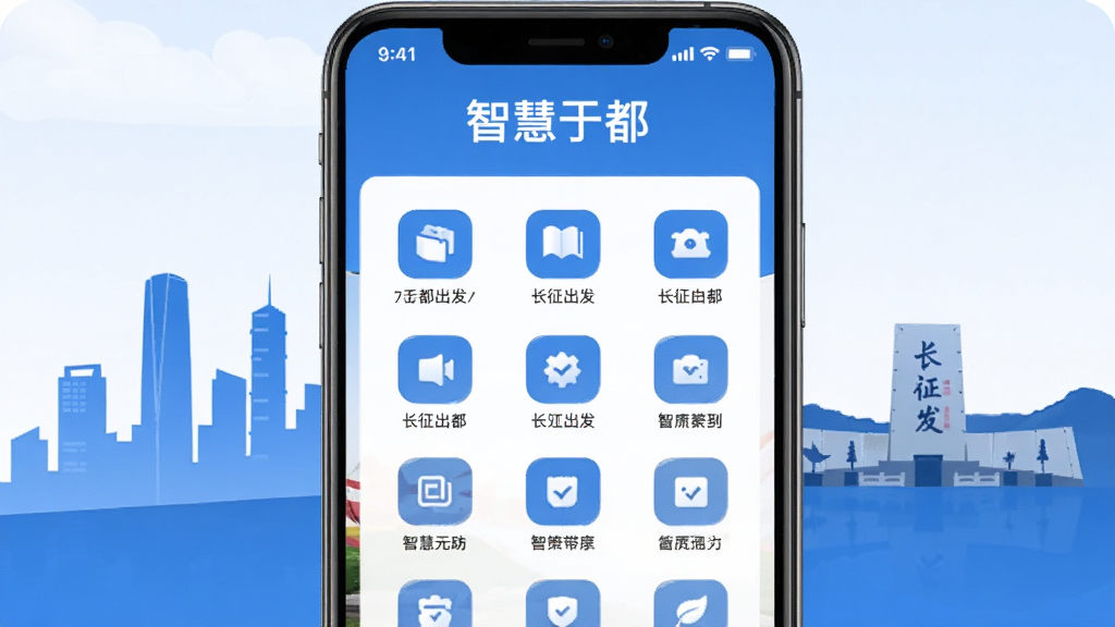 画面主体为一部智能手机屏幕展示智慧于都APP主界面,界面顶部显示“智慧于都”字样,下方排列整齐的功能图标,背景为于都县城市天际线与长征出发地纪念园剪影,布局居中,扁平化设计风格,色彩以蓝色和白色为主,细节清晰,画质干净,无多余元素
