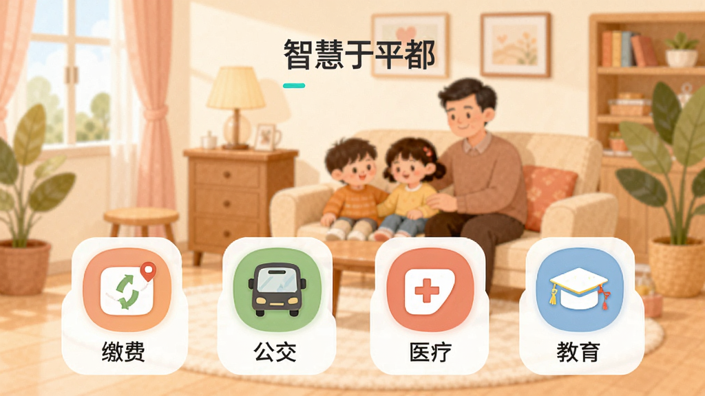 画面主体为智慧于都APP的生活服务板块,展示缴费、公交、医疗、教育等图标,背景为温馨的家庭生活场景插画,布局均衡,排版舒适,扁平化风格,色彩柔和,细节丰富,画质干净,无多余元素