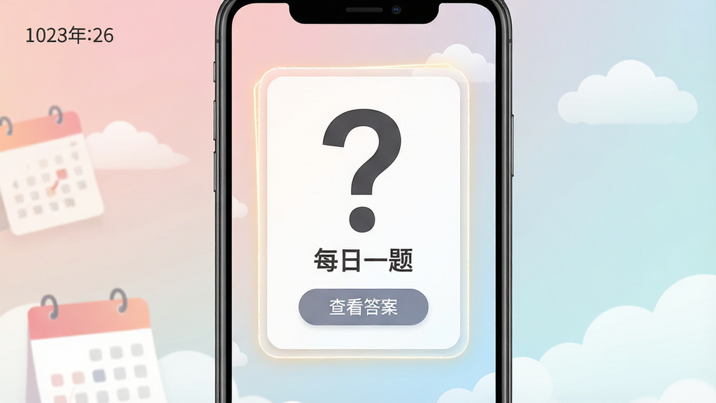 主体:手机屏幕中央显示一个大大的问号卡片,卡片上有“每日一题”字样,下方有“查看答案”按钮。布局:卡片居中,背景为柔和的渐变色调。排版:简洁居中。风格:清新文艺,有日历元素点缀。细节:卡片边缘有发光效果,背景有淡淡的云朵图案,日期显示在角落。画质:高清,干净,无多余元素。