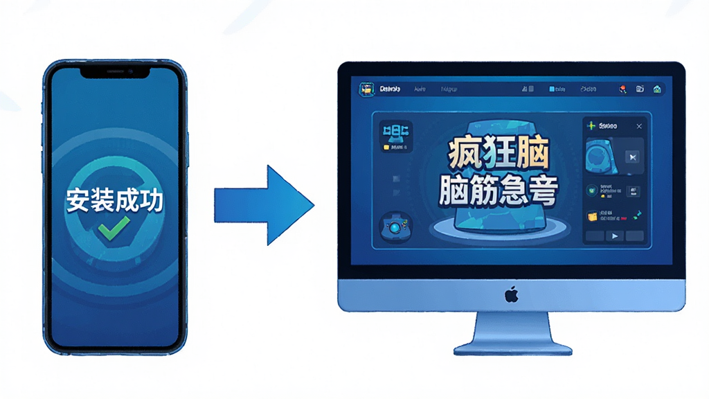 主体:一部手机和一个电脑显示器并排放置,屏幕上都显示疯狂脑筋急转弯的界面。布局:手机在左,电脑在右,中间有箭头连接。排版:并列对称。风格:科技感插画,蓝色调。细节:手机屏幕上有“安装成功”字样,电脑屏幕上有模拟器界面。画质:高清,干净,无多余元素。