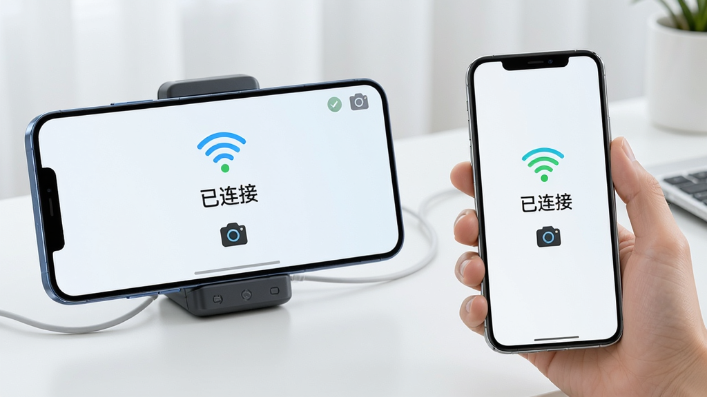 画面主体为两部智能手机,一部大屏手机横向放置在桌面作为监控端,另一部手持手机作为查看端,两部手机屏幕均亮起并显示连接成功的界面,带有