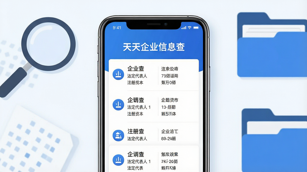 主体:智能手机屏幕展示“天天企业信息查”应用界面,界面显示企业列表和详细信息卡片。布局:手机居中,屏幕内容清晰可见,周围有简洁的商务元素如放大镜、文件夹等。排版:手机屏幕占据画面中心,信息卡片排列整齐,上方有应用名称“天天企业信息查”。风格:现代扁平化,蓝白主色调,干净专业。细节:屏幕内展示企业名称、法定代表人、注册资本等字段,图标精致。画质:4K高清,干净,无多余元素。