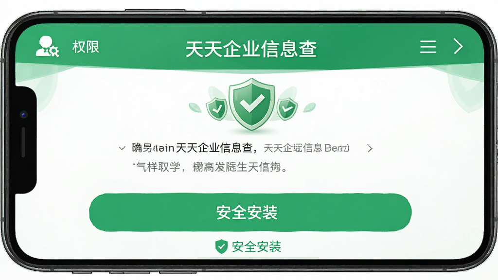 主体:手机屏幕展示“天天企业信息查”的安装引导页面,下方有“安全安装”提示。布局:手机居中,屏幕内显示权限说明和安装按钮。排版:文字简洁,按钮醒目。风格:绿色安全色调,友好。细节:屏幕上有“天天企业信息查”字样,周围有盾牌图标。画质:清晰,干净,无多余元素。