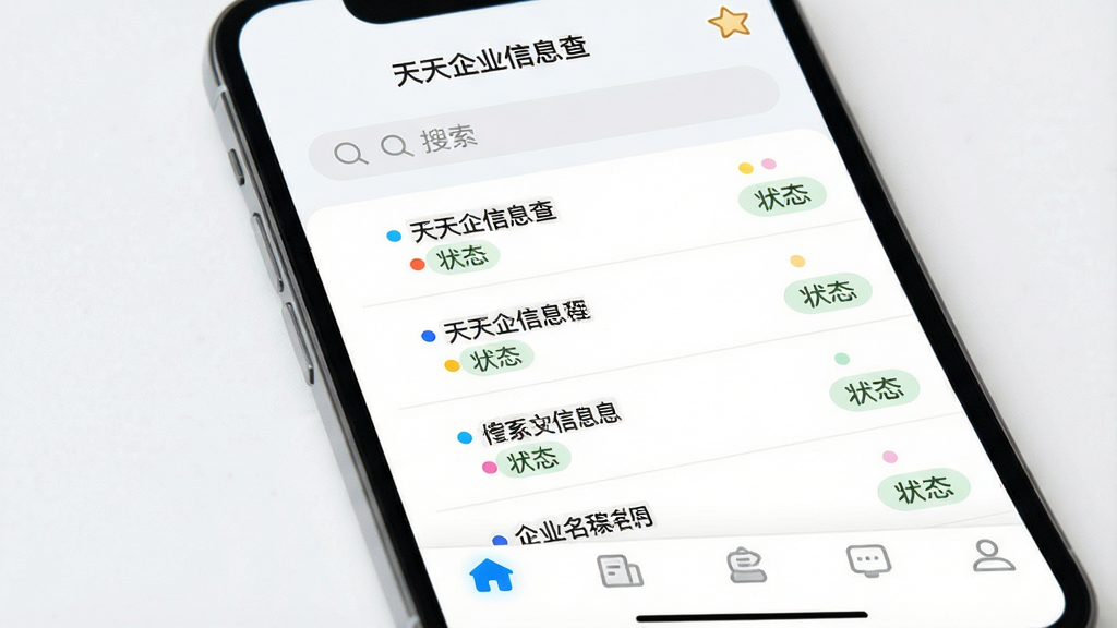 主体:手机界面展示“天天企业信息查”的关注列表,顶部有星标收藏图标。布局:列表纵向排列,每个条目包含企业名称和状态标签。排版:条目间隔均匀,状态标签用彩色圆点标识。风格:简洁清新,浅色背景。细节:列表上方有搜索栏和“天天企业信息查”标题,底部导航栏突出。画质:细腻,干净,无多余元素。