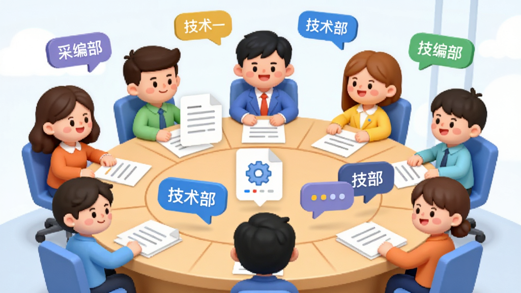主体为广州融媒云软件的协同办公场景,画面中央是多个卡通人物头像围绕圆形会议桌,桌上漂浮着文件与消息气泡,布局饱满,风格清新活泼,细节体现不同部门标签如“采编部”、“技术部”,画质干净清晰,无多余元素
