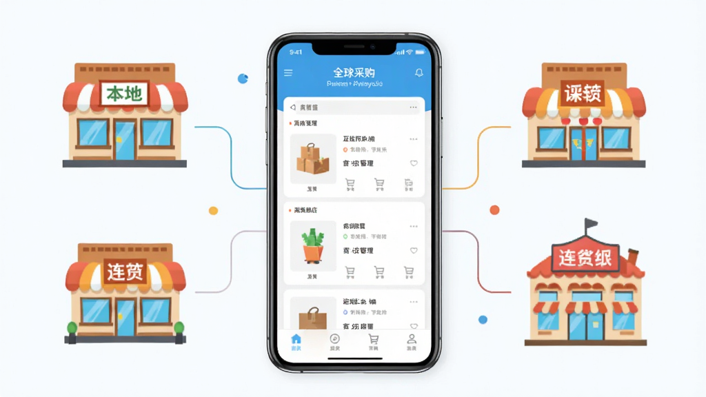 一幅展示“全球采购”软件核心功能的场景图,画面中央是一部智能手机,屏幕显示商品管理界面,周围环绕着本地实体店、连锁店、商场等建筑图标,整体风格现代简约,色彩明亮,突出“互联网+实体”的融合概念,画质清晰干净,无多余元素。