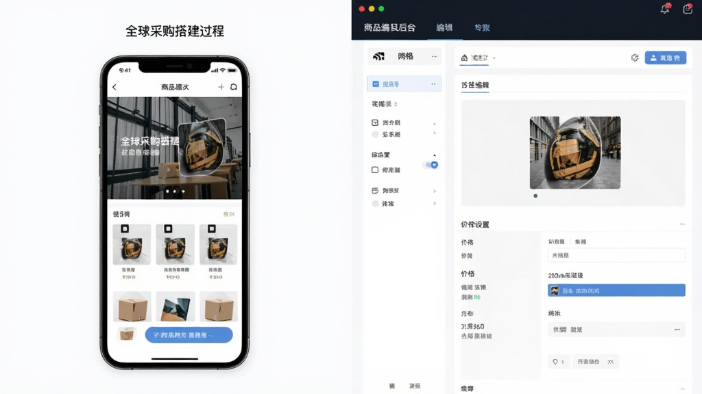 展示“全球采购”线上店铺搭建过程的界面截图风格图,画面分为左右两部分,左边是手机端店铺预览,右边是商品编辑后台,包含图片上传、价格设置等选项,整体布局清晰,风格简洁商务,突出易用性,画质干净,无多余元素。