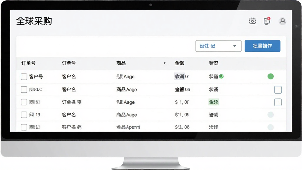 显示“全球采购”订单管理后台的界面图,屏幕上有一张订单列表,包含订单号、客户名、商品、金额、状态等列,并有筛选和批量操作按钮,整体风格清爽,数据排列整齐,突出高效管理,画质干净,无多余元素。