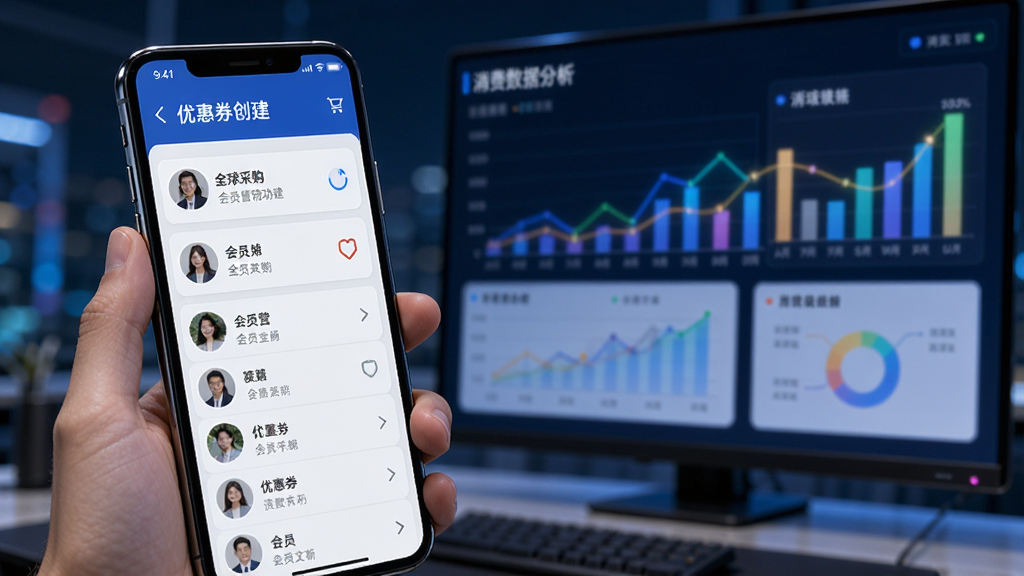 展示“全球采购”会员营销功能的场景,手机屏幕上显示会员列表和优惠券创建页面,背景有消费数据分析图表,整体风格科技感,色彩鲜明,突出精准营销,画质清晰,无多余元素。