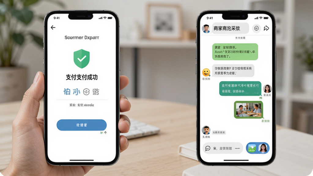 展示“全球采购”支付和聊天功能的双屏手机图,左边屏幕显示支付成功页面,右边屏幕显示商家与客户的聊天窗口,有表情和图片发送按钮,整体风格亲和,突出安全便捷,画质清晰。