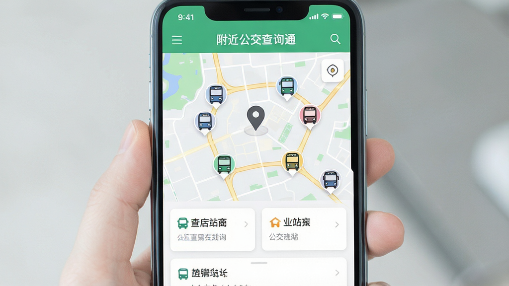 手机屏幕展示“附近公交查询通”App主界面,界面中央显示地图定位与周边公交站点图标,底部有站点列表卡片,风格简洁现代,色彩清新,UI设计精致,画质干净,无多余元素