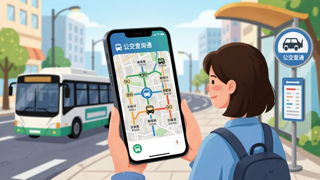 插画风格图片,主题为“附近公交查询通”自动定位功能,画面中一个人站在街道上,手机屏幕显示周边公交站点分布图,周围有公交车和站牌元素,布局清晰,风格明亮,细节丰富,画质干净,无多余元素