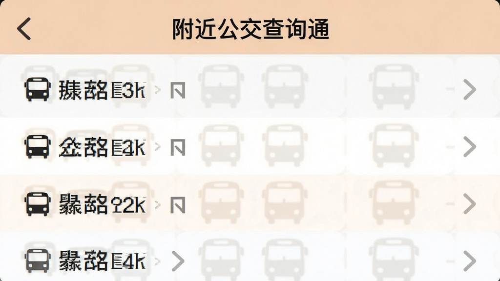 应用截图风格图片,展示“附近公交查询通”的站点详情页,页面清晰罗列多条公交线路名称及方向箭头,布局整齐,信息层次分明,配色柔和,画质干净,无多余元素