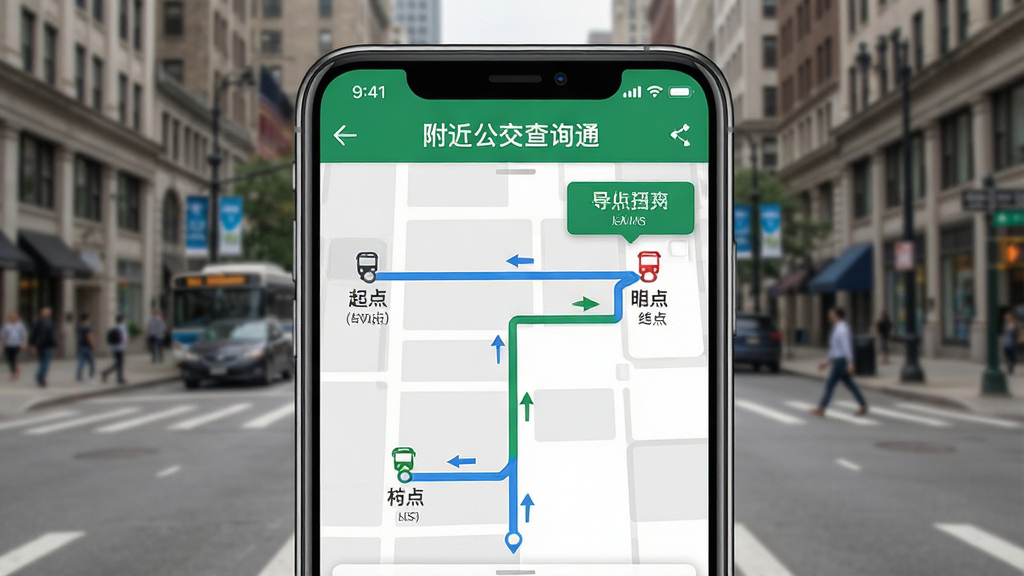 手机截图风格图片,展示“附近公交查询通”的导航功能,画面中手机屏幕显示路线规划,起点和终点之间有公交线路连接,背景为城市街道,风格写实,细节丰富,画质干净,无多余元素