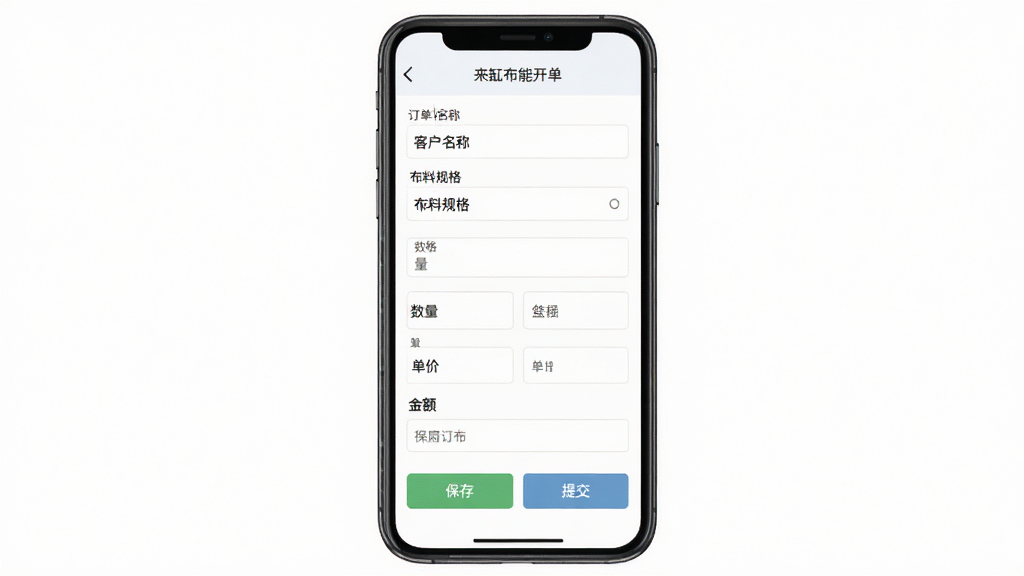 来缸布智能开单界面截图,主体为手机屏幕,屏幕内展示订单表单,包含客户名称、布料规格、数量、单价、金额等字段,表单下方有“保存”和“提交”按钮,背景为纯白色,布局居中,排版整洁,采用扁平化设计风格,细节清晰,画质高清,干净无多余元素