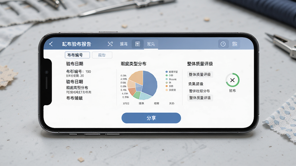 来缸布验布报告界面,主体为手机横屏,屏幕内展示一份验布报告,包含布匹编号、验布日期、瑕疵类型分布图、整体质量评级,报告下方有“分享”按钮,背景为浅灰色工作台,布局清晰,排版专业,采用商务风格,细节丰富,画质高清,干净无多余元素