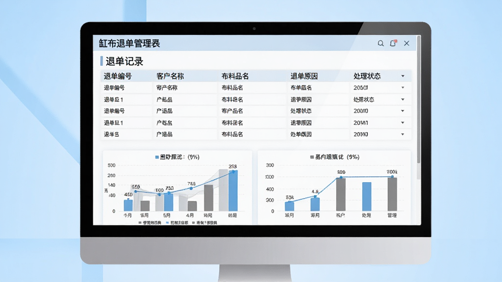 来缸布退单管理界面,主体为电脑屏幕,屏幕内展示退单记录表格,包含退单编号、客户名称、布料品名、退单原因、处理状态等列,表格下方有统计图表,背景为浅蓝色渐变,布局规整,排版清晰,采用商务风格,细节丰富,画质细腻,干净无多余元素