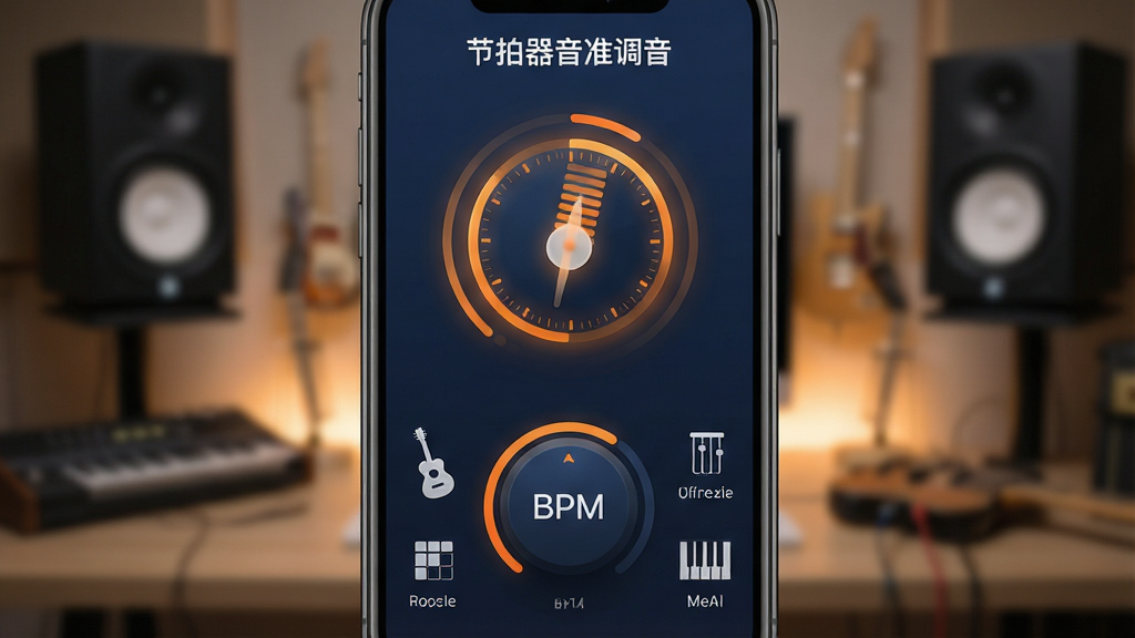 一张手机屏幕展示着「节拍器音准调音」软件主界面,界面设计简洁现代,主色调为深蓝色与橙色点缀,屏幕中央显示一个发光的圆形节拍器摆锤动态效果,下方是醒目的BPM数字调节旋钮,旁边排列着吉他调音、和弦工具、钢琴模拟器等功能图标,背景是模糊的音乐工作室场景,光线柔和,画质高清,干净无多余元素
