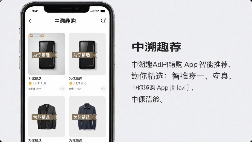 主体为中溯趣购APP智能推荐界面,左侧为商品图片列表,右侧为文字说明,布局清晰,采用浅灰色背景,简约商务风格,图片上有“为你精选”字样,画质干净,细节精致,无多余元素