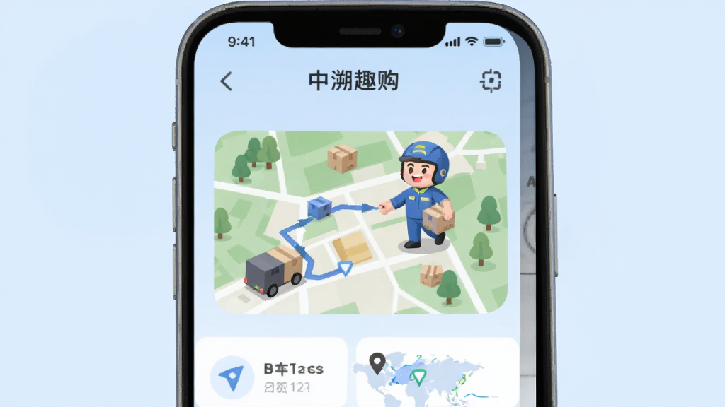 主体为中溯趣购APP物流追踪页面,背景为淡蓝色,中央显示地图路线和快递员卡通形象,布局简洁,采用扁平化插画风格,细节丰富,画质干净,无多余元素