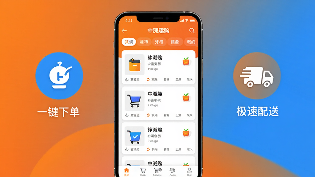 主体为中溯趣购APP界面概念图,居中构图,一部智能手机展示购物应用列表页,背景采用明亮的橙蓝色渐变,扁平化设计风格,画面干净,细节丰富,高清画质,突出“一键下单”与“极速配送”的图标元素,无多余元素
