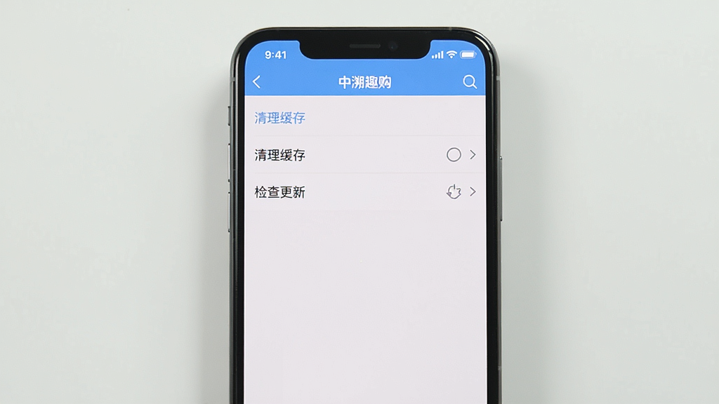 主体为一张手机截图,展示中溯趣购APP的设置页面,背景干净整洁,布局清晰,截图内容显示“清理缓存”与“检查更新”选项,风格写实,画质高清,无多余元素