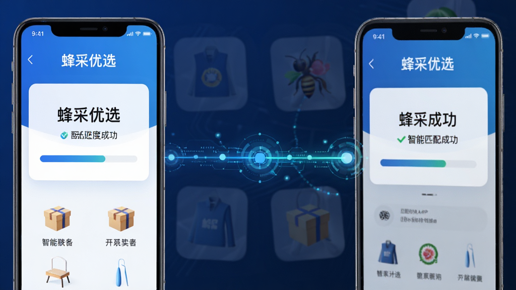 主体:蜂采优选APP的智能匹配功能界面,两台手机分别代表买家和卖家,中间有数据连接线;布局:左右对称,手机屏幕上显示匹配成功提示;排版:简洁,突出连接线;风格:科技蓝主色调,商务风格;细节:手机屏幕显示“蜂采优选”字样和匹配进度条,背景有商品图标;画质:高清,干净无多余元素
