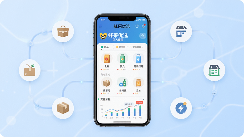 主体:蜂采优选APP界面,展示商品列表和交易数据图表;布局:手机居中,背景为浅蓝色商务风格,周围环绕商品图标和供应链线条;排版:界面清晰,数据图表位于手机屏幕内;风格:现代商务科技感,扁平化设计;细节:手机屏幕显示“蜂采优选”LOGO和“正大集团”字样,商品分类图标如食品、日用品等;画质:高清渲染,干净无多余元素