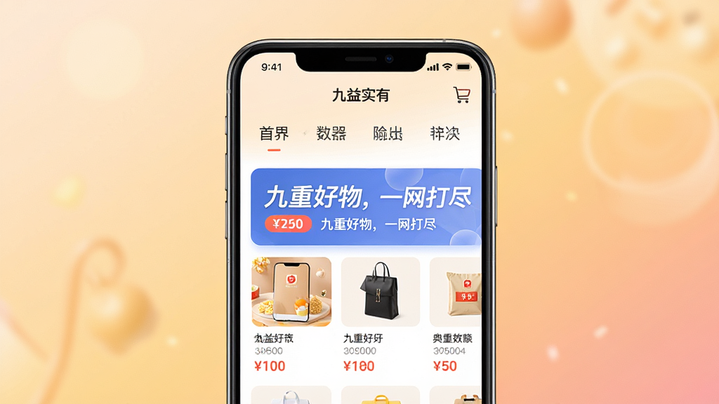主体:一部亮着屏幕的智能手机,屏幕上展示“九益实有”APP的购物首页界面,界面中有分类导航栏和商品卡片。布局:手机位于画面中央,背景是柔和的渐变色,营造温暖氛围。排版:手机屏幕内容清晰可见,突出“九重好物,一网打尽”字样。风格:现代简约,色彩明亮,电商APP风格。细节:商品图片精美,价格标签醒目,购物车图标点缀。画质:高清渲染,干净,无多余元素。