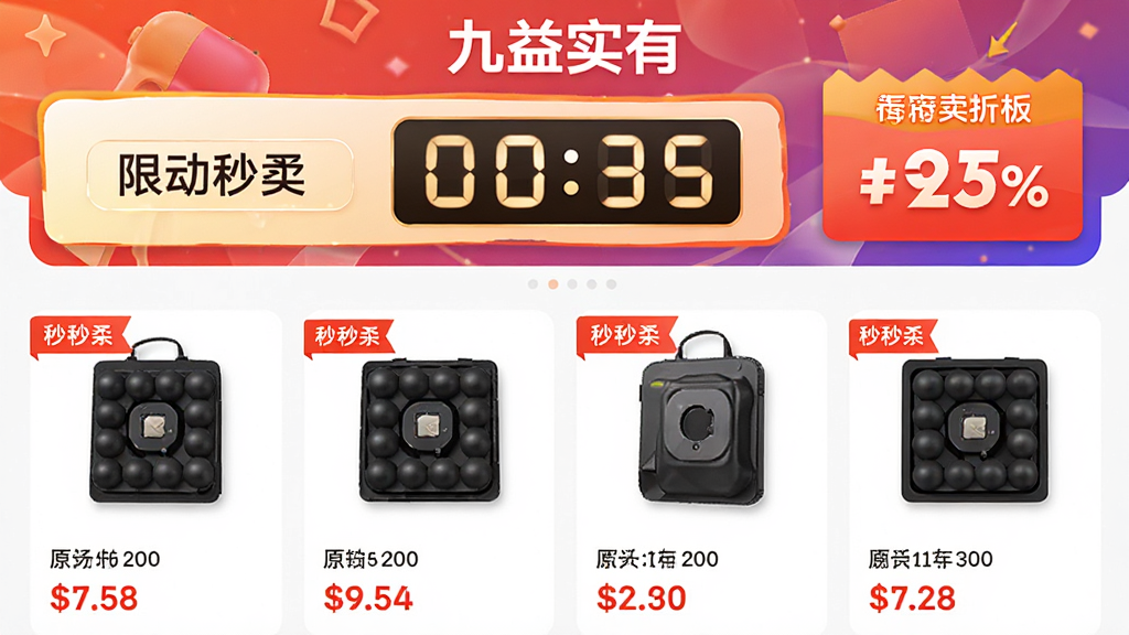主体:“九益实有”APP的限时秒杀活动页面,显示倒计时和折扣价格。布局:活动横幅在顶部,下方是商品列表。排版:价格标签醒目,原价与现价对比清晰。风格:促销氛围,色彩热烈。细节:秒杀标签、倒计时数字、折扣百分比。画质:高清,干净,无多余元素。