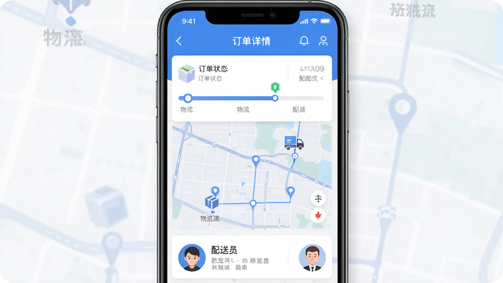 主体:“九益实有”APP的订单详情页面,显示物流进度条和配送信息。布局:页面顶部是订单状态,中间是物流轨迹地图,底部是配送员信息。排版:信息层级分明,进度条清晰。风格:简洁商务风,蓝色基调。细节:包裹图标、时间节点、配送员头像。画质:高清,干净,无多余元素。