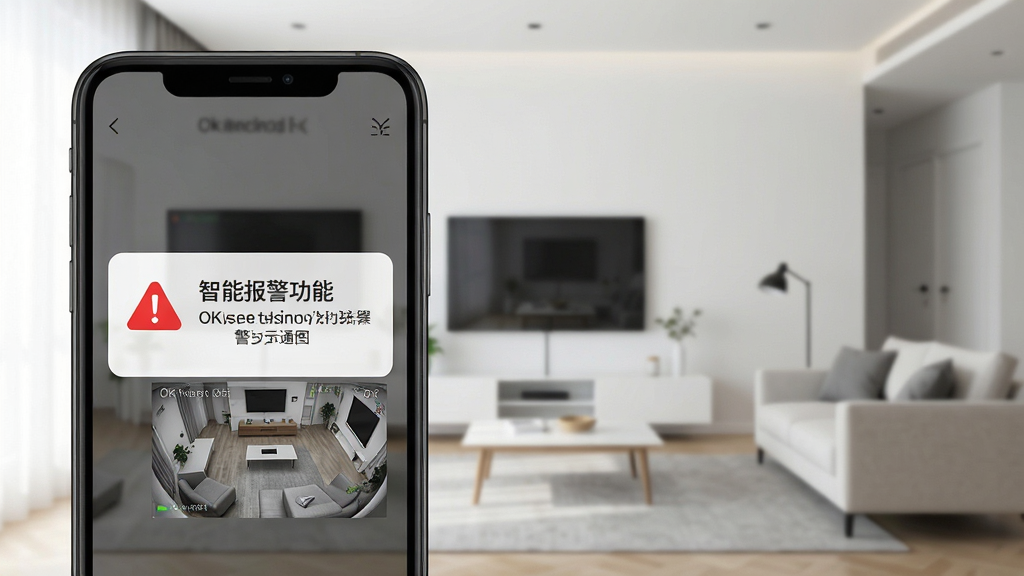 OKsee智能报警功能示意图,手机屏幕显示报警通知弹窗,画面中有一个红色警示图标和监控画面缩略图,背景为现代客厅,风格简洁明了,布局突出通知栏,干净无多余元素
