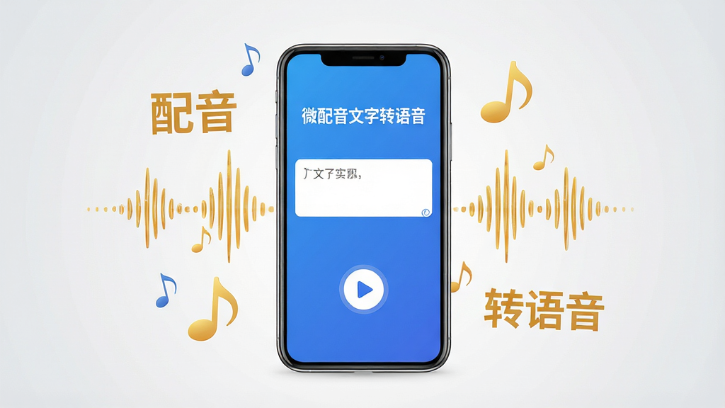 画面中央展示一部智能手机,手机屏幕亮起,显示“微配音文字转语音”APP的蓝色主界面,界面中有文字输入框和播放按钮。手机周围漂浮着金色音符、声波线条和文字“配音”“转语音”等字样。背景为浅灰色渐变,干净明亮。整体构图简洁,主体突出,风格现代扁平,细节精致,画质高清,干净无多余元素。