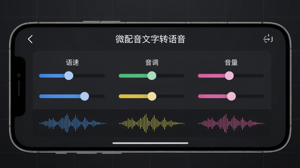 手机横屏展示“微配音文字转语音”的音效调节面板,界面上有多个彩色滑块分别控制“语速”、“音调”、“音量”,滑块下方有实时波形显示。背景为深灰色科技感氛围,带有微弱的网格线。布局合理,主体清晰,风格科技简约,画质细腻干净,无多余元素。