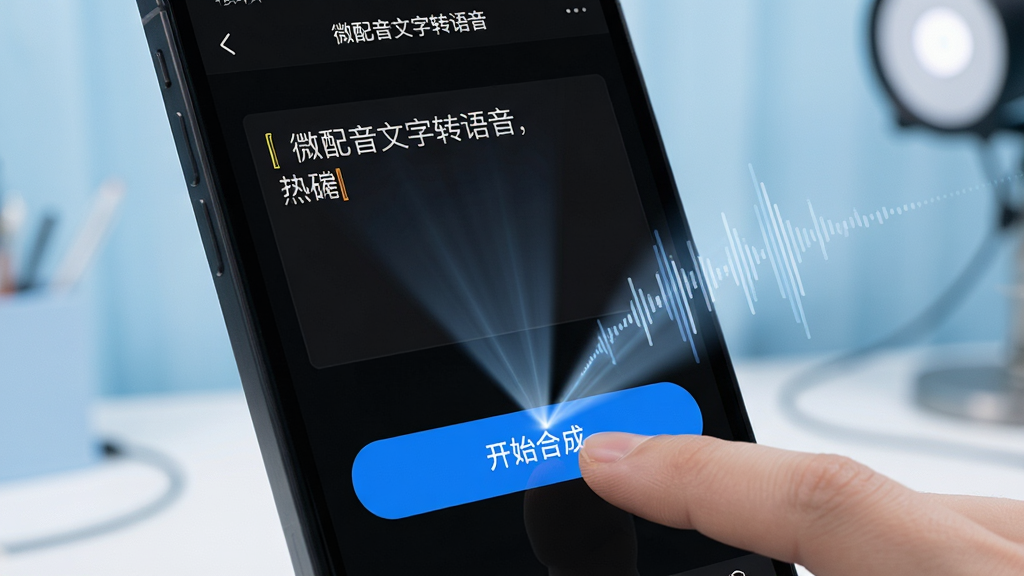 一幅手机APP操作界面的特写,屏幕显示“微配音文字转语音”的编辑页面,文本框中输入了中文句子,下方有一个醒目的蓝色“开始合成”按钮。手指正点击按钮,同时屏幕上有光束汇聚成音频波形。背景为柔和的浅蓝色工作室环境。布局清晰,主体突出,现代简约风格,细节丰富,画质干净,无多余元素。